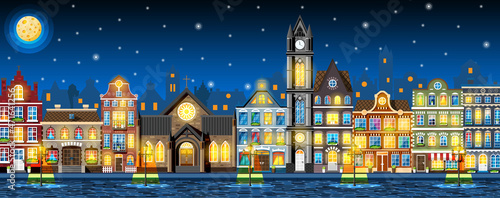 Traditional European Town in Night. Old City Street with Lamp and Paving Stones Road. Medieval Urban Landscape. Street with Colorful Houses in Different Architectural Styles. Flat Vector Illustration