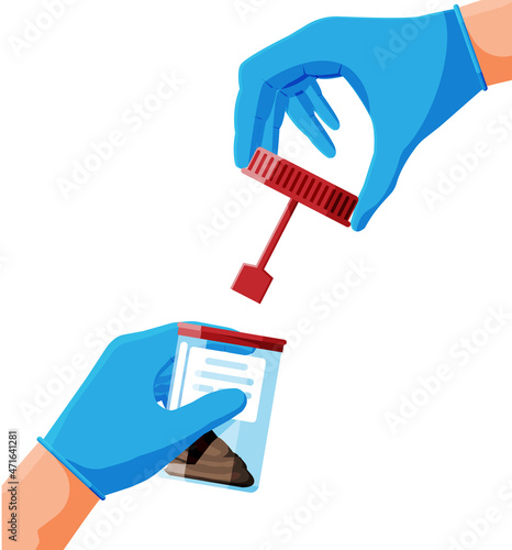 Stool Test Icon Isolated on White. Medical Stool Sample in Glass Tube in Hand. Laboratory Container with Excrement. Poo in Plastic Bag. Turd Research Medical Analysis. Cartoon Flat Vector Illustration