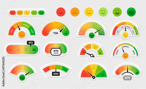 Customer satisfaction meter. Stress level gauge graph. Progress chart with smile faces. Emotion rate measuring interface. Feedback or survey. Feeling indication. Vector dial diagrams set