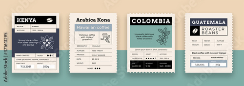 Coffee label. Food package label mockup with minimalistic grid layout. Organic Arabica espresso sticker with place for text. Caffeine roasted beans packaging. Vector vintage brand tag set