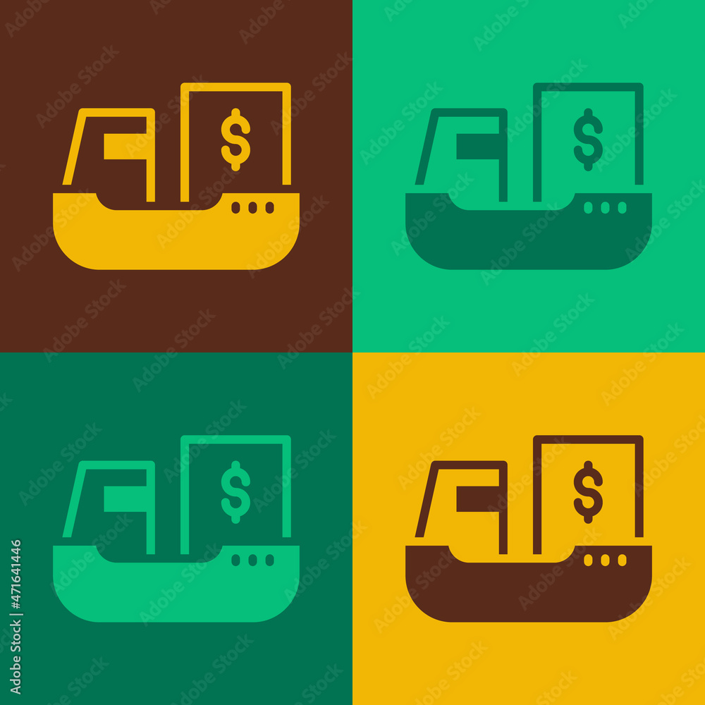 Pop art Cargo ship with boxes delivery service icon isolated on color background. Delivery, transportation. Freighter with parcels, boxes, goods. Vector Pop art Cargo ship with boxes delivery service icon isolated on color background. Delivery, transportation. Freighter with parcels, boxes, goods. Vector