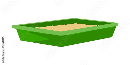 Cartoon animal tray. Green container for home pets. Square box mockup. Cats care equipment. Feline domestic toilet with filler. Veterinary store merchandise. Vector hygiene accessory