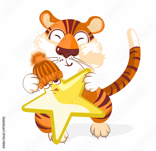 Fototapeta Naklejka Na Ścianę i Meble -  Cute Little Tiger in Different Situations. Adorable Wild Animal Cartoon Character. Happy Chinese new year greeting card. 2022 Tiger zodiac. Illustration For children, decor, banner, emblem, patt