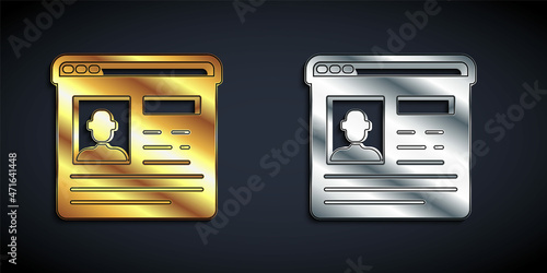 Gold and silver Resume icon isolated on black background. CV application. Searching professional staff. Analyzing personnel resume. Long shadow style. Vector