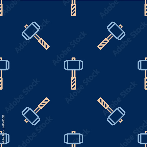 Line Medieval battle hammer icon isolated seamless pattern on blue background. Vector