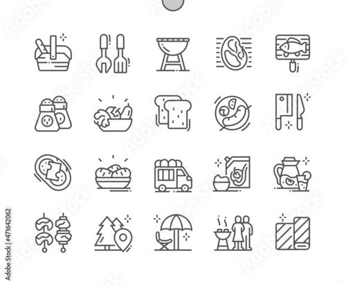 Picnic elements. Grill cutlery. Holiday, outdoors, vacation and weekend. Grill food and cooking. Tourist trailer. Pixel Perfect Vector Thin Line Icons. Simple Minimal Pictogram