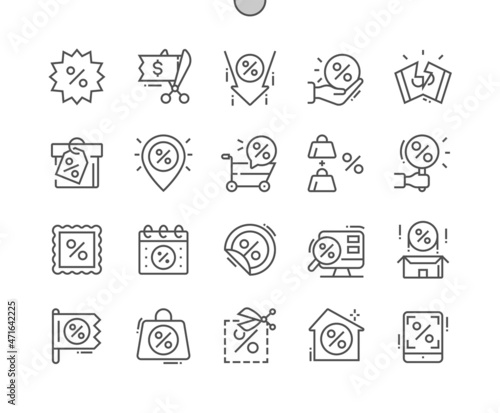 Discounts. Price reduction. Store and shop. Shopping day. Promotion, special price. Pixel Perfect Vector Thin Line Icons. Simple Minimal Pictogram