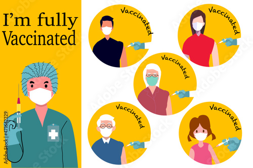 Illustration of human was fully vaccinated for body immune. Logo and Picture design for Web banner about campaign for safe people with fully vaccinated.