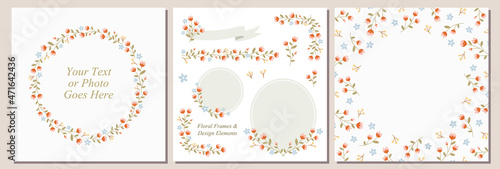 Set of floral wreath, square background, and decorative design elements with cute pink flowers. Can be used for wedding or baby shower invitation, greeting cards, scrapbooking, etc.