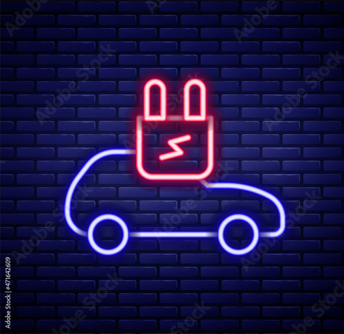 Glowing neon line Electric car and electrical cable plug charging icon isolated on brick wall background. Renewable eco technologies. Colorful outline concept. Vector