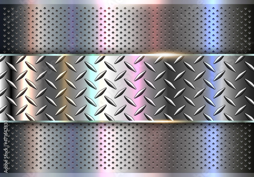 Silver polished steel texture background, shiny chrome metallic with diamond plate iridescence texture, 3d vector lustrous metal design.