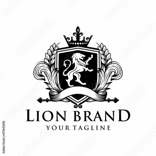 Lion heraldry emblem modern line style with a shield and crown