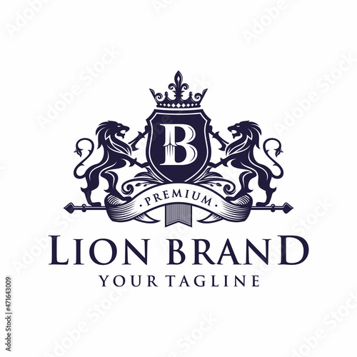 Lion heraldry emblem modern line style with a shield and crown