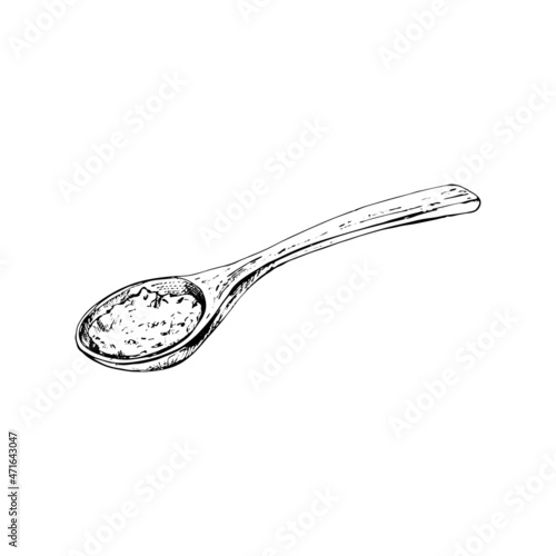 Wooden spoon with crushed piece salt. Vintage vector hatching