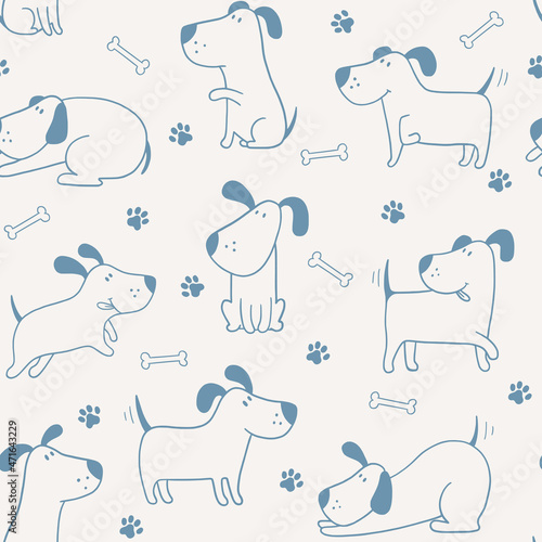 Vector seamless pattern with cartoon dogs on a beige background. Doodle cartoon style. Hand draw cute dogs in sketch style. For textiles, clothing, bed linen, office supplies.