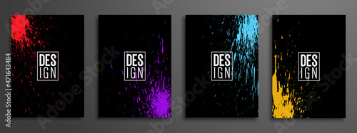 Neon explosion paint splatter artistic cover frame design. Decorative colorful splash spray texture black background. Trendy creative template vector Cover Report Catalog Brochure Flyer Poster Banner