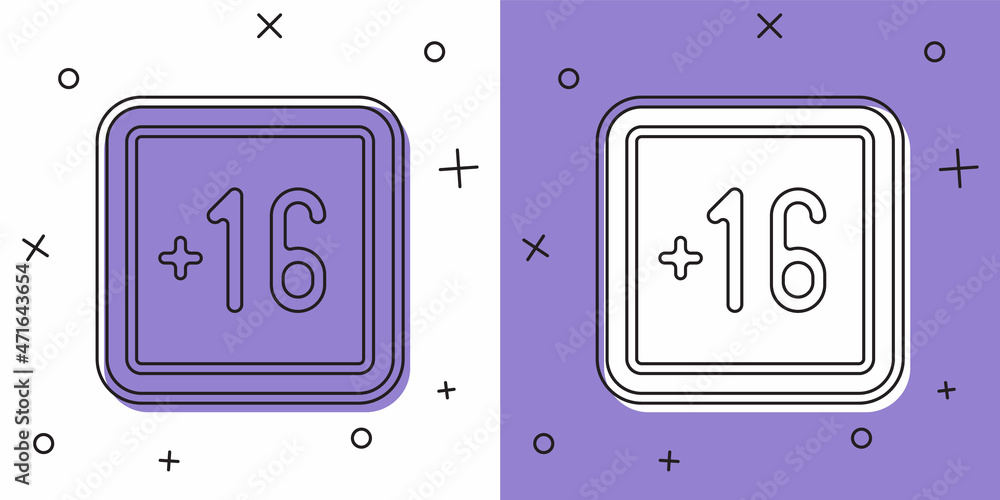 Set Plus 16 movie icon isolated on white and purple background. Adult content. Sixteen plus icon. Censored business concept. Vector Set Plus 16 movie icon isolated on white and purple background. Adult content. Sixteen plus icon. Censored business concept. Vector