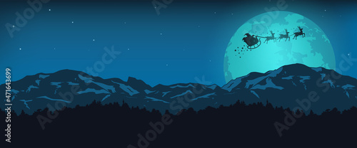 Christmas background, Santa flying with reindeer in sleigh, Vector