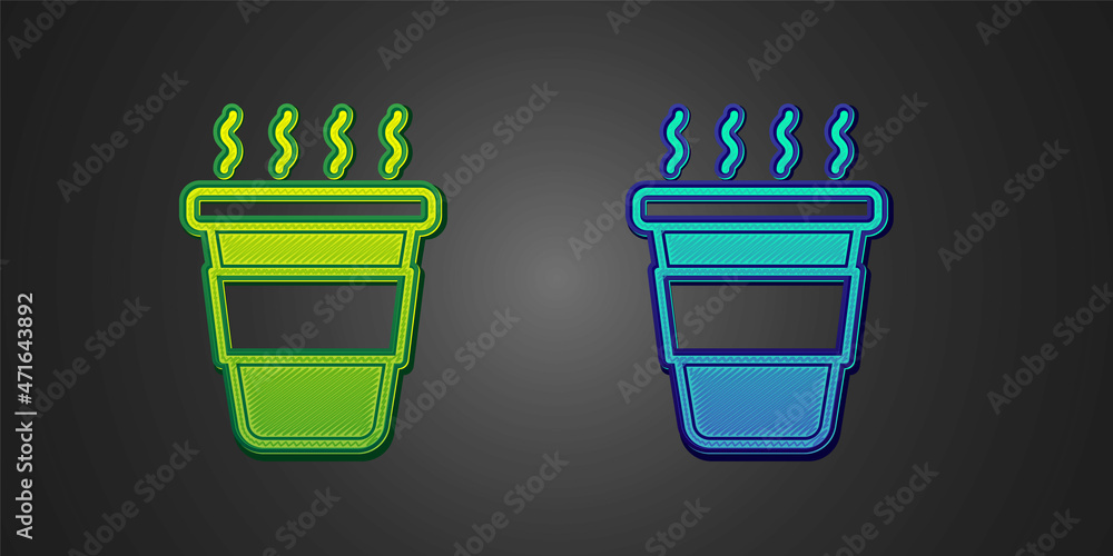 Green and blue Coffee cup to go icon isolated on black background. Vector Green and blue Coffee cup to go icon isolated on black background. Vector