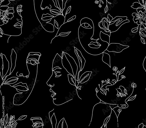 Wallpaper Mural Abstract drawing of women's faces with white lines on a black background.Seamless pattern.	 Torontodigital.ca