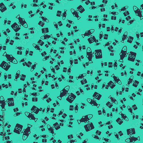 Black Price tag for fish icon isolated seamless pattern on green background. Vector