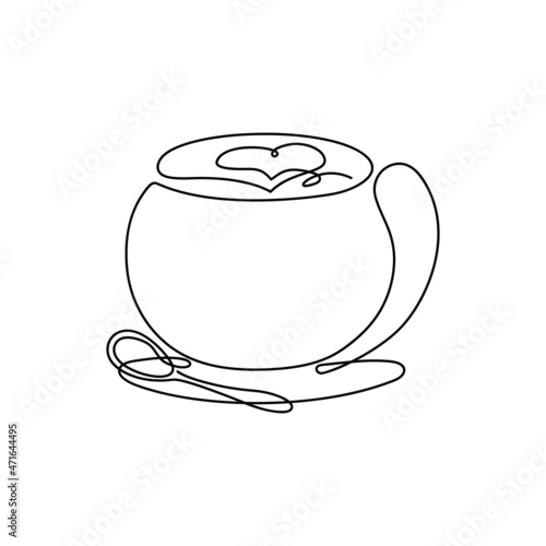 Abstract cup of coffee drawn by one line with foam heart. Black contour silhouette of mocha mug on saucer with spoon. Symbol of morning vigor and evening vector relaxation