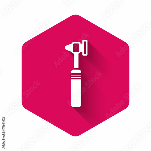 White Medical otoscope tool icon isolated with long shadow. Medical instrument. Pink hexagon button. Vector Illustration