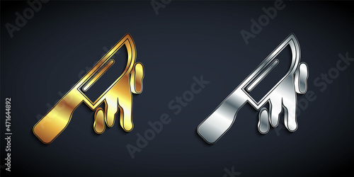 Gold and silver Bloody knife icon isolated on black background. Cutlery symbol. Happy Halloween party. Long shadow style. Vector