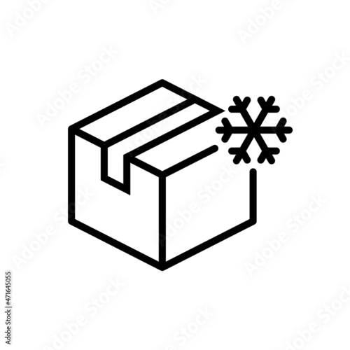 Delivery box with snowflake line icon. Frozen product transportation. Protection, temperature and heat resistance freight transportation. Frozen food packaging. Vector illustration, flat, clip art.