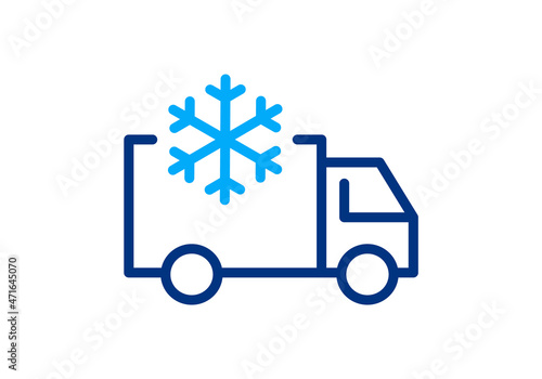 Refrigerator truck with snowflake line icon. Frozen goods transportation. Fridge delivery vehicle symbol. Ice cream van. Temperature and heat resistance transport. Vector illustration, flat, clip art.
