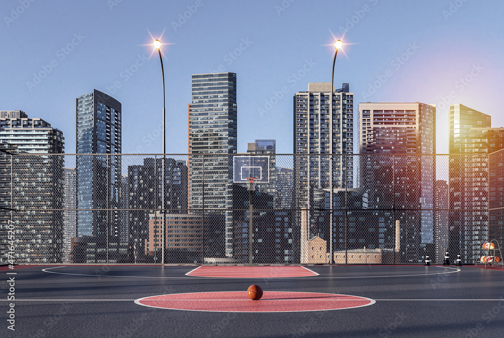 Rooftop basketball court with metropolis view 3d render Stock Illustration  | Adobe Stock