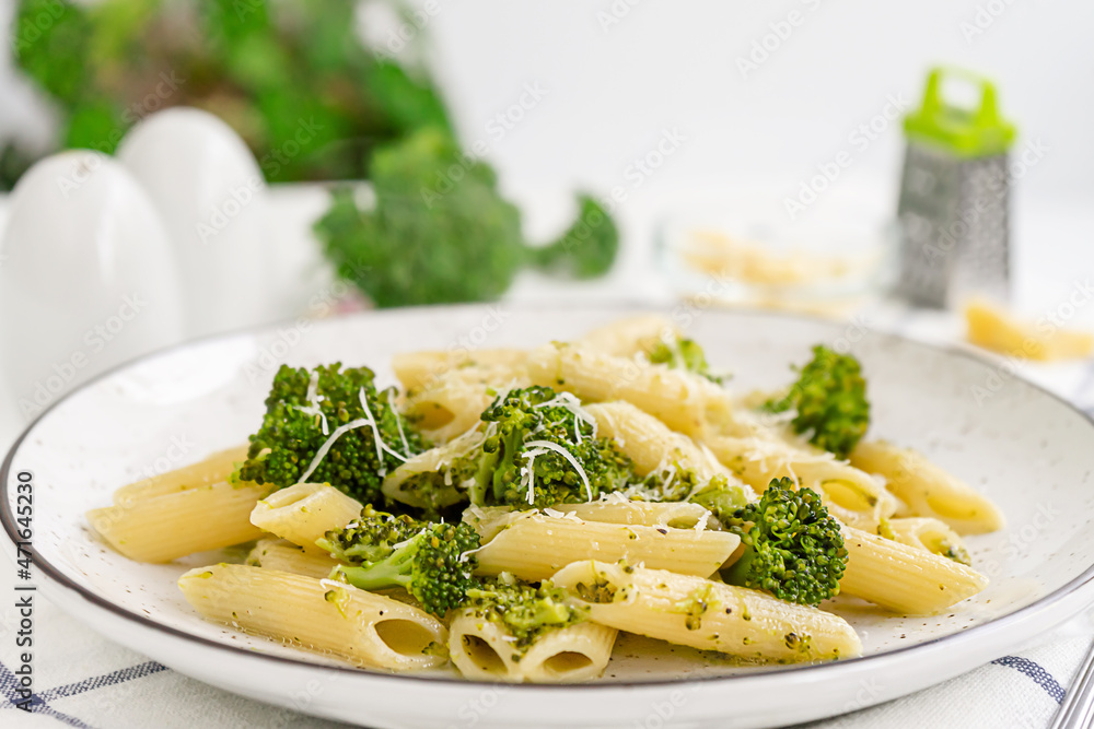 Vegan pasta with broccoli. Healthy eating, italian cuisine concept.