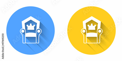 White Medieval throne icon isolated with long shadow background. Circle button. Vector