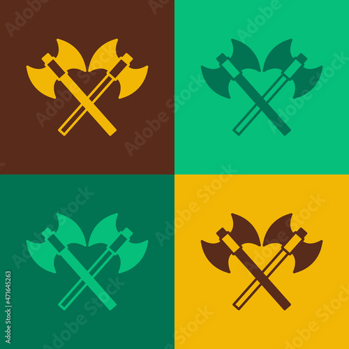 Pop art Crossed medieval axes icon isolated on color background. Battle axe, executioner axe. Medieval weapon. Vector