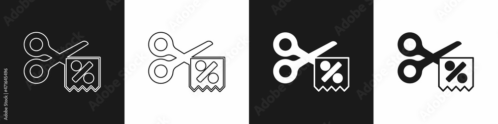 Set Scissors cuts discount coupon icon isolated on black and white background. The concept of selling in an online supermarket at low prices or half the cost. Vector Set Scissors cuts discount coupon icon isolated on black and white background. The concept of selling in an online supermarket at low prices or half the cost. Vector