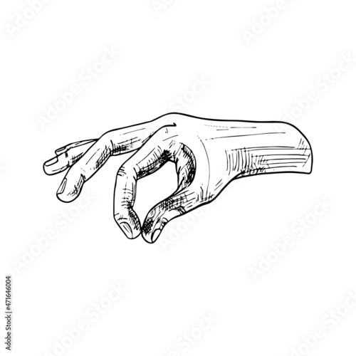 Hand sprinkling salt or pepper. Side view. Vintage vector hatching