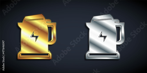 Gold and silver Electric kettle icon isolated on black background. Teapot icon. Long shadow style. Vector