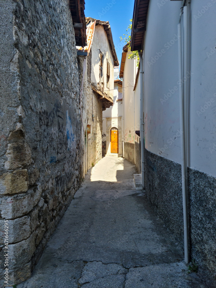 An old street on the old side of Antakya. Traditional Antakya houses. 