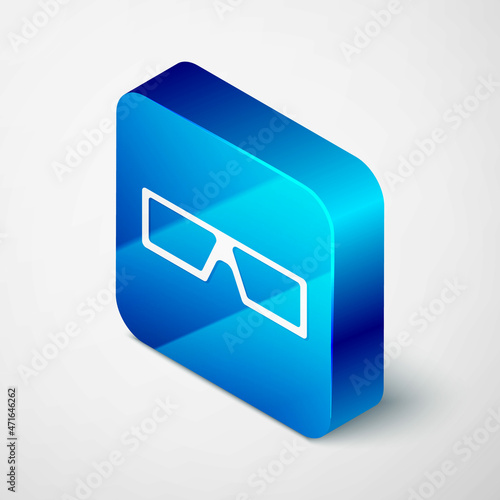Isometric 3D cinema glasses icon isolated on grey background. Blue square button. Vector