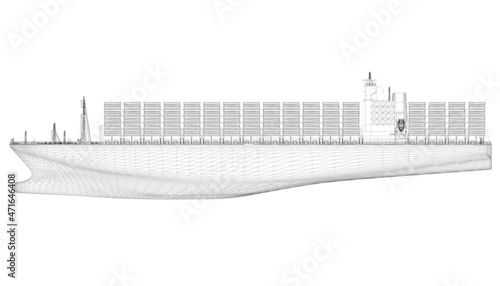 Large ship wireframe with containers from black lines isolated on white background. Side view. 3D. Vector illustration