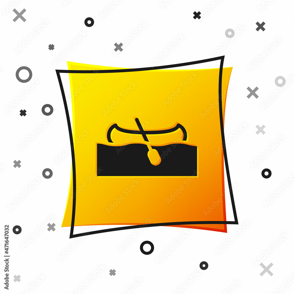 Black Kayak and paddle icon isolated on white background. Kayak and canoe for fishing and tourism. Outdoor activities. Yellow square button. Vector Black Kayak and paddle icon isolated on white background. Kayak and canoe for fishing and tourism. Outdoor activities. Yellow square button. Vector