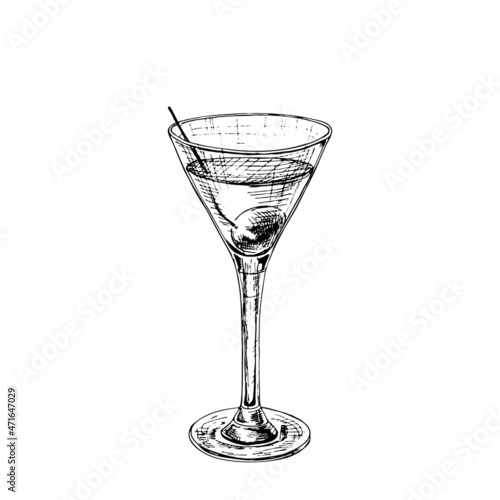 Martini cocktail with olive. Vintage hatching vector
