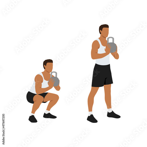 Man doing Smashbell training leg squat with kettlebell exercise. Flat vector illustration isolated on white background. workout character set