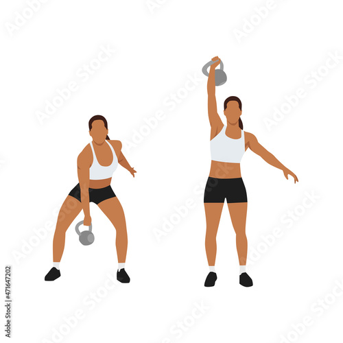 Woman doing Single arm kettlebell snatch exercise. Flat vector illustration isolated on white background. workout character set