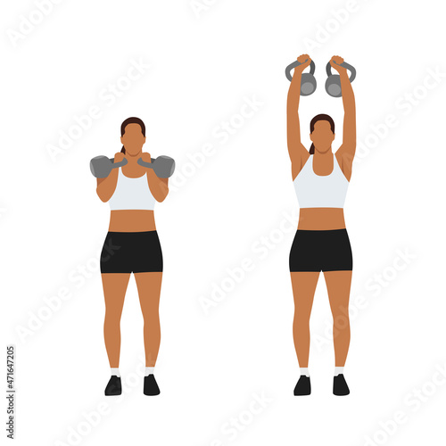 Woman doing Two arm kettlebell military press exercise. Flat vector illustration isolated on white background. workout character set