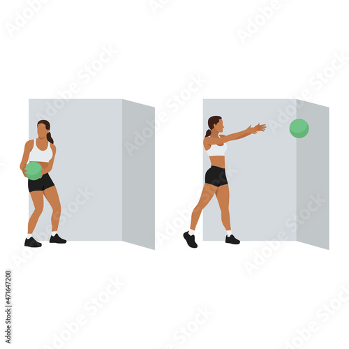 Woman doing Side lateral medicine ball throw. Slam exercise. Flat vector illustration isolated on white background. workout character set