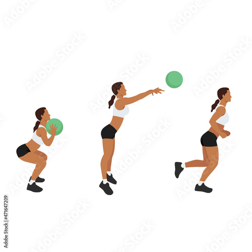 Woman doing Medicine ball throw to chase exercise. Flat vector illustration isolated on white background. workout character set