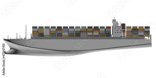 Model of a white large ship loaded with colorful containers isolated on a white background. Side view. 3D. Vector illustration