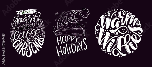 Happy winter holidays - cute hand drawn postcard. Merry christmas and happy new year, holly jolly, let it snow - lettering poster art. Lettering template for banner, t-shirt design.