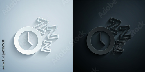 Paper cut Alarm clock icon isolated on grey and black background. Wake up, get up concept. Time sign. Paper art style. Vector